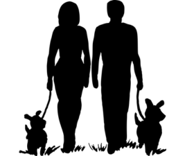 Graphic of a couple walking side by side with dogs at their sides to illustrate face to face with your dog